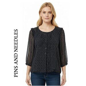 PINS & NEEDLES, Beautiful Boho navy blue polka dot print sheer blouse